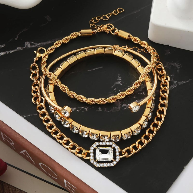 17IF 4 Pcs Dainty Gold Silver Bracelets Set for Women 14K Plated Link Cubic Zirconia Paperclip Stake Layering Chain Adjustable Trendy Hand Jewelry - Image 4